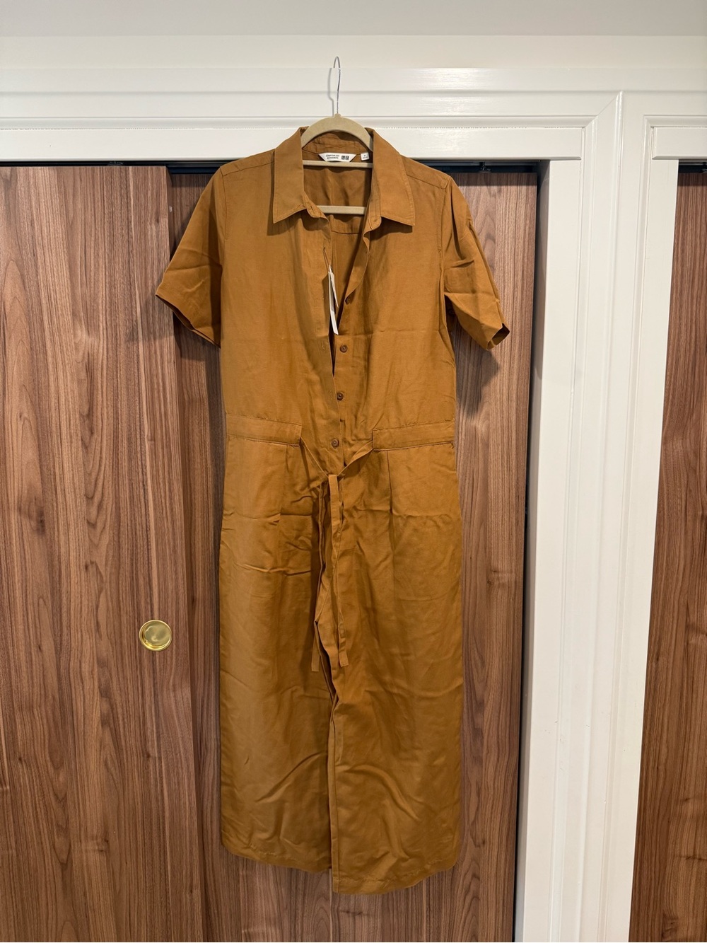 Comptoir Des Cotonniers Short-Sleeve Utility Jumpsuit in Mustard Brown M